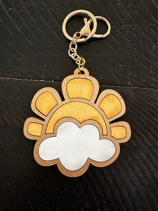 Sun/Cloud wood keychain