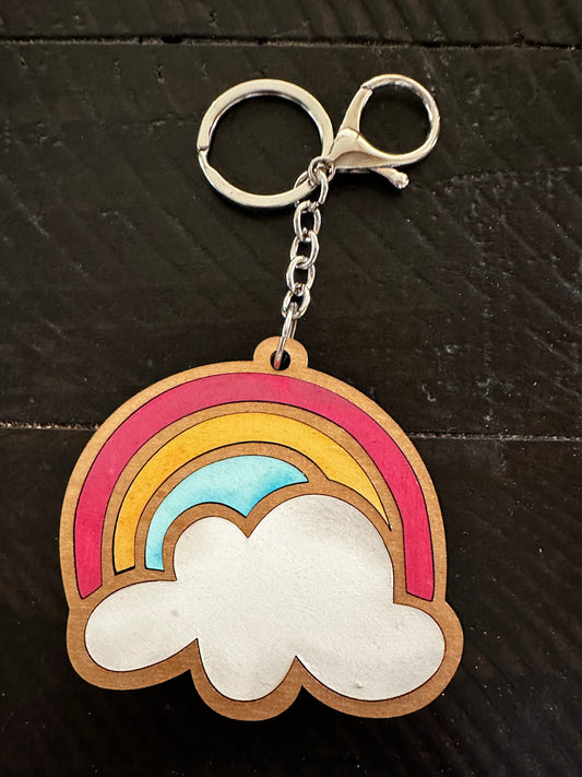 Rainbow/cloud wood keychain