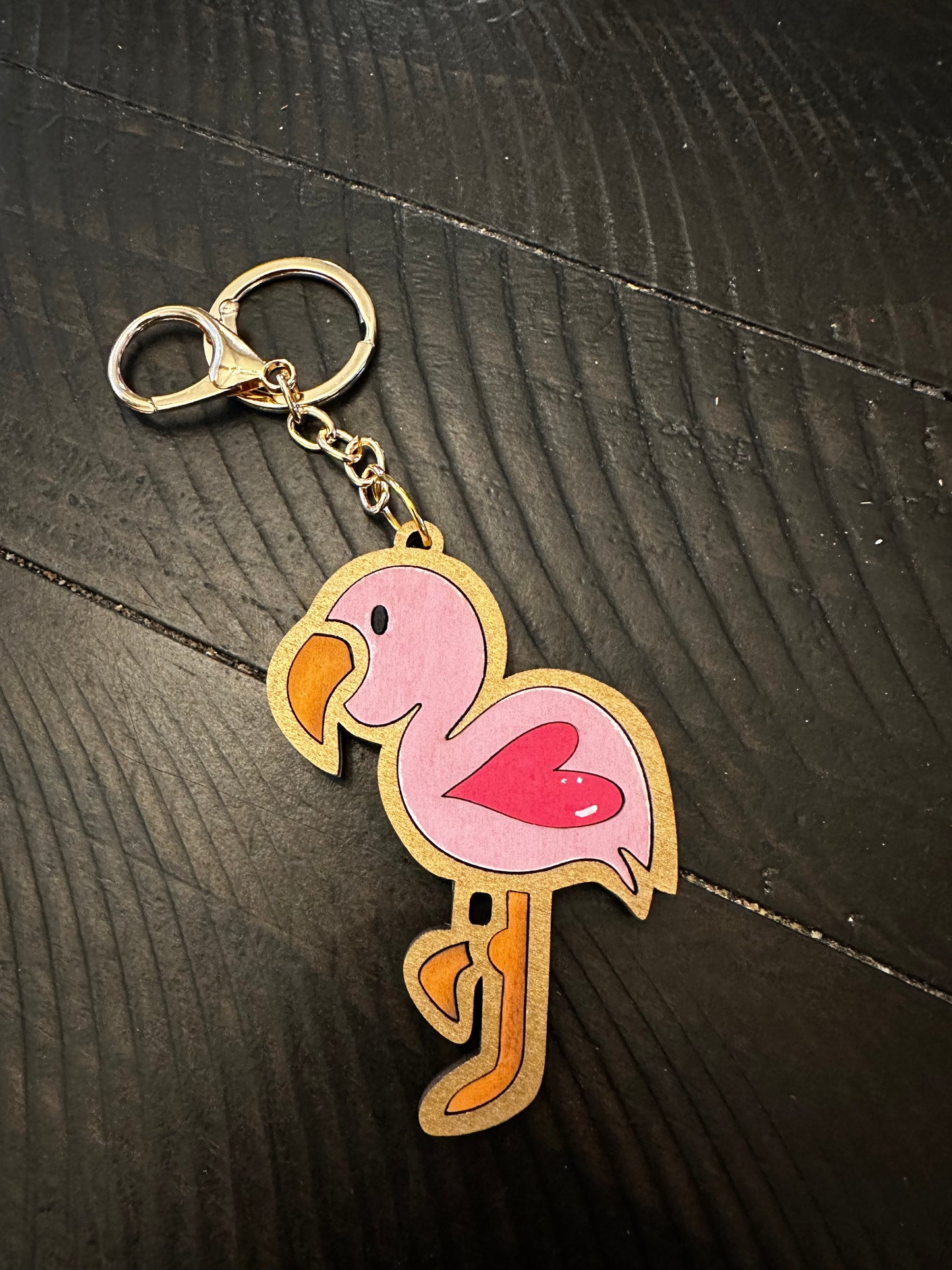 Flamingo wood keychain